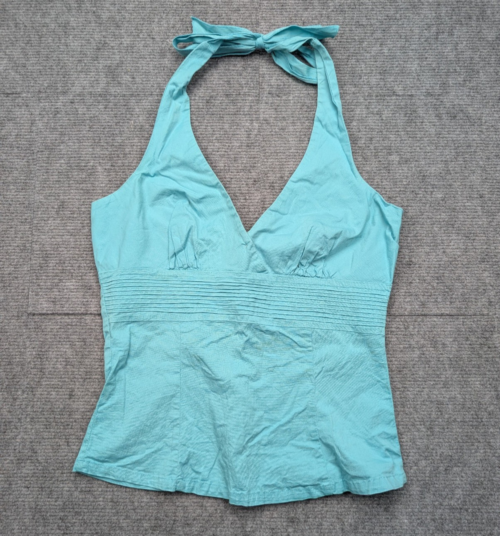 Vintage Halter Top Womens Large Blue Y2K Babydoll Cotton 90s Coastal Cowgirl Mod